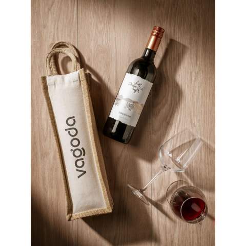 WoW! Sturdy wine carrier with handles made from jute and organic canvas material. This wine gift bag can comfortably hold one bottle of wine (not included).