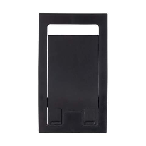 Support téléphone plat et pliable en ABS recyclé RCS. Le support est livré à plat et plié. Compatible avec toutes tailles de téléphones. Le support est suffisamment solide pour ajuster l'angle de vision. Avec rembourrage en silicone pour garder votre téléphone dans une position optimale. Contenu recyclé total : 85 % sur la base du poids total de l'article. La certification RCS garantit une chaîne d'approvisionnement entièrement certifiée des matériaux recyclés. Sans PVC. Emballé dans un emballage FSC®.