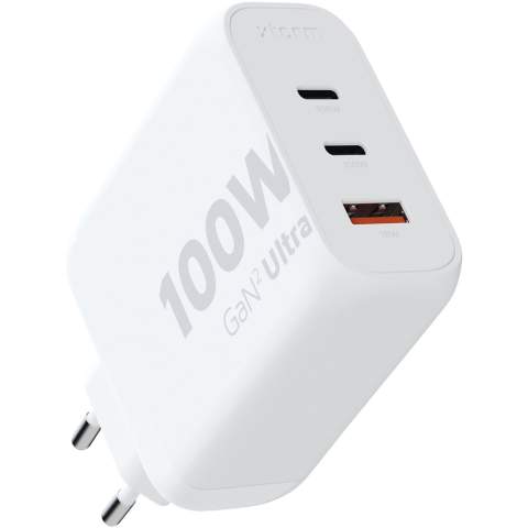 The 100W GaN² Ultra wall charger is designed to be more compact and powerful than ever before. With its compact design and triple-port functionality, this wall charger is perfect for your travels, office, or home. To reduce waste and contribute to a more sustainable future, the charger is made from 97% recycled plastic. Output: 2 x USB-C 100W power delivery, and 1 USB-A 18W quick charge 3.0. Delivered with a user manual.