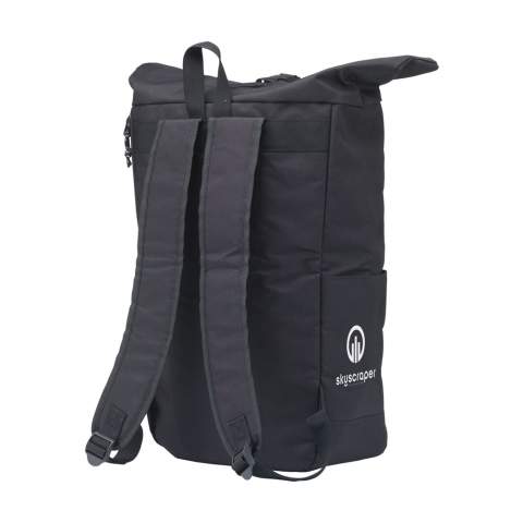 WoW! Practical, sturdy and water-resistant urban 'roll-top' cooler backpack made from RPET polyester. This backpack has a large inner compartment with a special cooling section. The cooling section is easily accessible via the top of the bag or via a practical and waterproof zip at the rear. The ideal bag for outdoor activities, picnics and food delivery. Includes a zip pocket on the front, two side pockets, padded foam back, adjustable shoulder straps, a carrying strap and a roll closure with a handy click system at the top. Capacity approx. 30 litres.