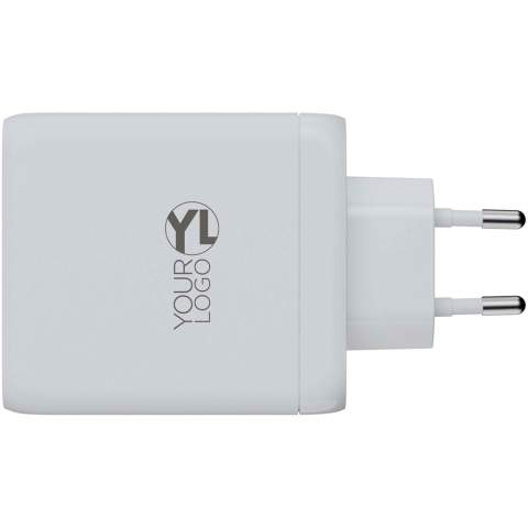 The 100W GaN² Ultra wall charger is designed to be more compact and powerful than ever before. With its compact design and triple-port functionality, this wall charger is perfect for your travels, office, or home. To reduce waste and contribute to a more sustainable future, the charger is made from 97% recycled plastic. Output: 2 x USB-C 100W power delivery, and 1 USB-A 18W quick charge 3.0. Delivered with a user manual.