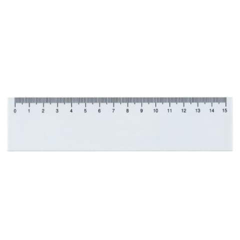 White synthetic 15cm ruler. Large print area.