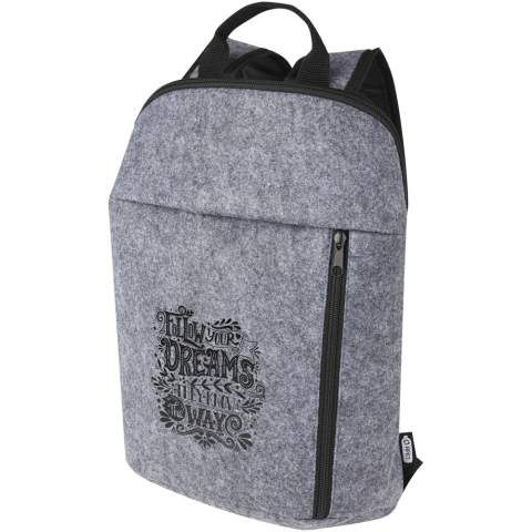 Practical cooler backpack made of high quality soft and durable GRS certified recycled felt. Features a main zippered compartment lined with food safe, high density thermal PEVA insulation keeping beverages and refreshments cold for hours. Front zippered pocket. Adjustable shoulder straps and a cotton, woven carry handle. Easy to clean. Capacity: 7 litres.