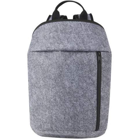 Practical cooler backpack made of high quality soft and durable GRS certified recycled felt. Features a main zippered compartment lined with food safe, high density thermal PEVA insulation keeping beverages and refreshments cold for hours. Front zippered pocket. Adjustable shoulder straps and a cotton, woven carry handle. Easy to clean. Capacity: 7 litres.