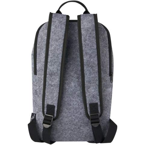 Practical cooler backpack made of high quality soft and durable GRS certified recycled felt. Features a main zippered compartment lined with food safe, high density thermal PEVA insulation keeping beverages and refreshments cold for hours. Front zippered pocket. Adjustable shoulder straps and a cotton, woven carry handle. Easy to clean. Capacity: 7 litres.