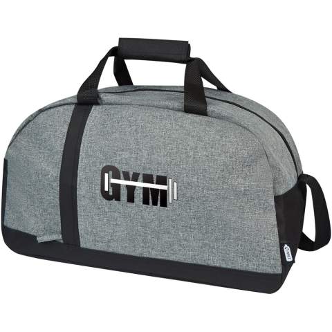 The Reclaim GRS recycled two-tone sport duffel bag is made from 100% recycled materials on the exterior, and it features a vertical zippered front pocket and a roomy zippered main compartment. Webbing wrapped carry handles and adjustable shoulder straps for your carrying comfort, making it suitable for sport activities.  