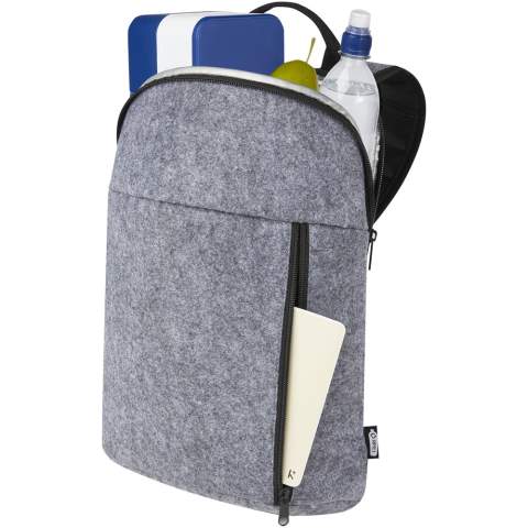 Practical cooler backpack made of high quality soft and durable GRS certified recycled felt. Features a main zippered compartment lined with food safe, high density thermal PEVA insulation keeping beverages and refreshments cold for hours. Front zippered pocket. Adjustable shoulder straps and a cotton, woven carry handle. Easy to clean. Capacity: 7 litres.