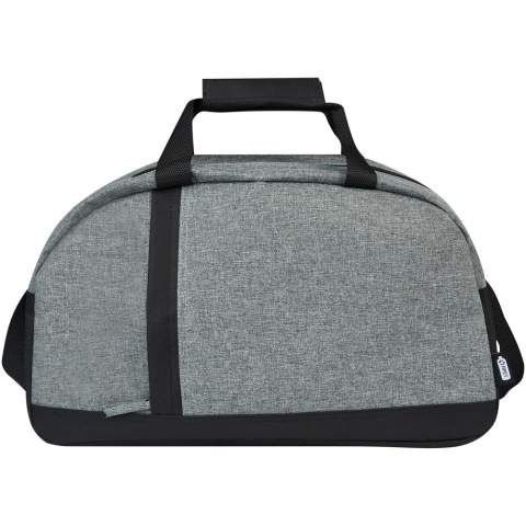 The Reclaim GRS recycled two-tone sport duffel bag is made from 100% recycled materials on the exterior, and it features a vertical zippered front pocket and a roomy zippered main compartment. Webbing wrapped carry handles and adjustable shoulder straps for your carrying comfort, making it suitable for sport activities.  