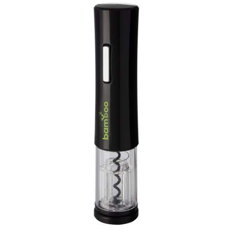 Electric wine opener that features a foil cutter. It works with 4 AA batteries (not included).