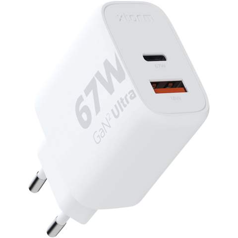 The 67W GaN² Ultra wall charger is designed to be more compact and powerful than ever before. With its compact design and dual-port functionality, this wall charger is perfect for your travels, office, or home. To reduce waste and contribute to a more sustainable future, the charger is made from 97% recycled plastic. Output: 1 USB-C 67W power delivery, and 1 USB-A 18W quick charge 3.0. Delivered with a user manual.