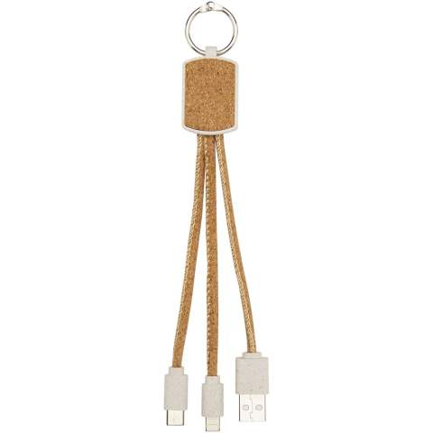 Duurzame 3-in-1 sleutelhanger met oplaadkabel van kurk en tarwestro (70% tarwestro + 30% TPE). De kabel van Bates heeft 1 type-C, 1 USB type-A en een 2-in-1 dubbele compatibele tip voor zowel Apple iOS- als Android-apparaten. Om Apple apparaten op te laden steekt u het kabeluiteinde zonder pinnen in het apparaat, en voor het opladen van Android apparaten steekt u het uiteinde met pinnen in het apparaat.