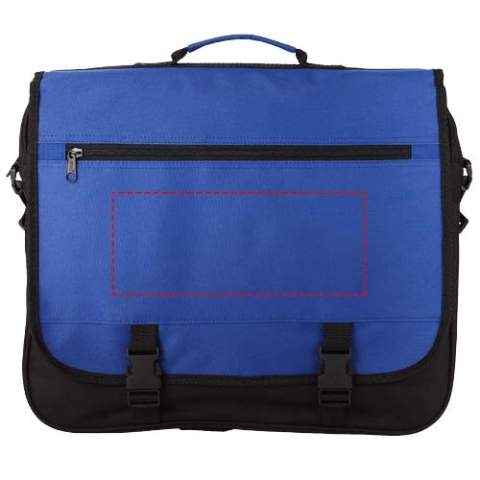 Exhibition bag with adjustable shoulder strap, buckle closure flap, zipper pocket in flap, zippered main compartment and several open pockets under flap.