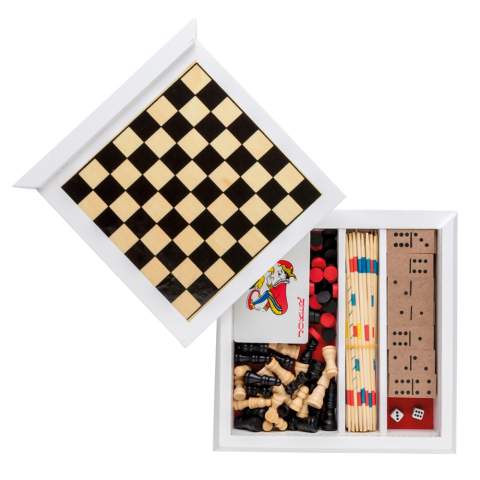 Enjoy fun gaming moments together with your friends! This 5 in 1 game set includes: mikado, playing cards, domino, chess and backgammon. White pine wood box 17x17x3,7cm with black print chess board at one side of lid and black/red printed backgammon board on bottom of box. Made with FSC®certified wood. Comes in FSC®certified kraft gift packaging.