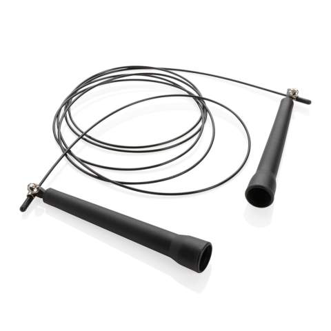 This adjustable  jump rope  is perfect for integrating high-intensity cardio training into any workout.Increases the heart rate, burns calories and enhances coordination. The length can be easily adjusted to accommodate different users. Made of super-lightweight plastic (PP) for optimal speed and comfortable handles. The jump rope comes in a black pouch for easy carrying.