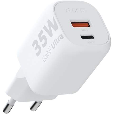 The 35W GaN² Ultra wall charger is designed to be more compact and powerful than ever before. With its compact design and dual-port functionality, this wall charger is perfect for your travels, office, or home. To reduce waste and contribute to a more sustainable future, the charger is made from 97% recycled plastic. Output: 1 USB-C 35W power delivery, and 1 USB-A 18W quick charge 3.0. Delivered with a user manual.