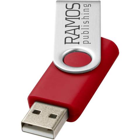 Met de Rotate-basic 2GB flash drive kan je gemakkelijk en veilig uw bestanden delen, verplaatsen en back-uppen. De plastic flashdrive heeft een 360 graden draaibare en lichtgewicht aluminium behuizing die het openen en sluiten vergemakkelijkt en de drive beschermt wanneer deze niet in gebruik is. Plug en play technologie - compatibel met Windows en MacOS besturingssystemen. USB 2.0 met een schrijfsnelheid van 2,92 MB/s en een leessnelheid van 9,76 MB/s. De USB stick is verkrijgbaar in verschillende kleuren en biedt diverse mogelijkheden voor het bedrukken van een logo.   