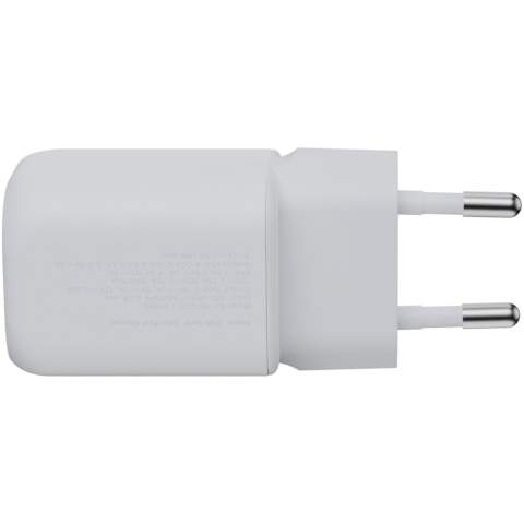 The 35W GaN² Ultra wall charger is designed to be more compact and powerful than ever before. With its compact design and dual-port functionality, this wall charger is perfect for your travels, office, or home. To reduce waste and contribute to a more sustainable future, the charger is made from 97% recycled plastic. Output: 1 USB-C 35W power delivery, and 1 USB-A 18W quick charge 3.0. Delivered with a user manual.