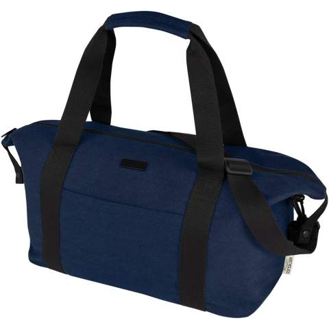 Composed with GRS recycled canvas and GRS RPET lining, the 25 litre Joey sports duffel bag features a spacious zippered main compartment with an inner zippered pocket for safekeeping. It also has 1 open front pocket and another strap zippered pocket on the back for trolley, and it can be carried either by reinforced webbing handles or the detachable and adjustable shoulder strap for comfort. The decorative metal plate can make a logo shine through its subtle and matt finish.