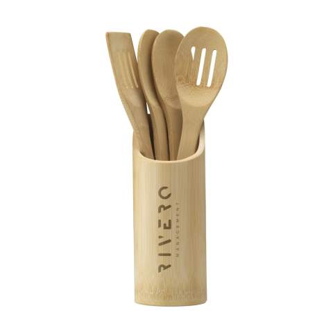 WoW! A 4-piece set of kitchen utensils in holder. The utensils are made of durable bamboo. The holder is made by hand from a bamboo stem and that makes each one unique. Bamboo has natural antibacterial properties and is very hygienic. In addition, wooden kitchen utensils do not damage your pots and pans. Bamboo is kind to the environment. It grows fast and with minimal resources. After 5 years the plant is mature and can be harvested. After the bamboo plant is harvested, between 4 and 7 new plants grow from the roots. So there is no need for replanting! Also, no herbicides or pesticides need to be used.