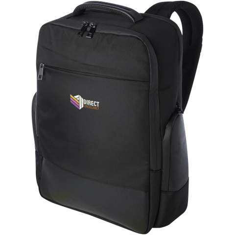 The sleek, large and sturdy GRS certified Expedition Pro laptop backpack is a perfect companion for professionals on-the-go. It is made from water repellent 900D RPET, coupled with premium PU elements and RPET lining. It features a dedicated 15.6" laptop compartment, a tablet sleeve, a spacious main compartment with integrated leak-proof pocket for toiletries, multiple organisational and side pockets, a zipped front pocket and a hidden pocket right beneath the luggage strap on the back. Constructed with padded and adjustable shoulder straps, an integrated card sleeve pocket, a sunglasses loop, moulded air mesh backing as well as a padded handle, ensuring maximum carrying comfort and convenience. Volume capacity: 25 litres. PVC free.