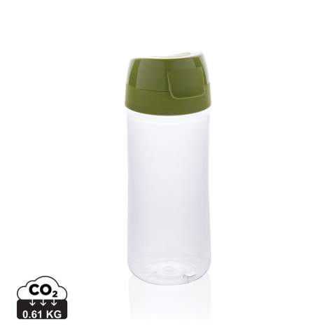 Made in Italy 0,50L water bottle with 1 hand opening. Made with Tritan™ Renew – an innovative plastic that utilises as much as 50% recycled material in place of fossil-based resources. Clear, clean and sustainable without any compromise on performance and durability. Recycled material verified by using ISCC Mass Balance Approach. Tritan Renew is powered by a unique process that breaks down waste plastic back into its basic chemical building blocks, allowing plastic materials to be recycled time and time again. This may cause minor imperfections on the product body but adds to its recycled character. Spill proof lid.