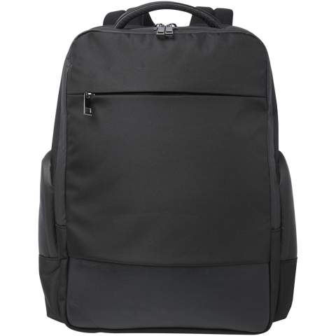 The sleek, large and sturdy GRS certified Expedition Pro laptop backpack is a perfect companion for professionals on-the-go. It is made from water repellent 900D RPET, coupled with premium PU elements and RPET lining. It features a dedicated 15.6" laptop compartment, a tablet sleeve, a spacious main compartment with integrated leak-proof pocket for toiletries, multiple organisational and side pockets, a zipped front pocket and a hidden pocket right beneath the luggage strap on the back. Constructed with padded and adjustable shoulder straps, an integrated card sleeve pocket, a sunglasses loop, moulded air mesh backing as well as a padded handle, ensuring maximum carrying comfort and convenience. Volume capacity: 25 litres. PVC free.