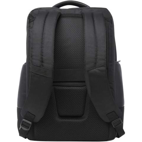 The sleek, large and sturdy GRS certified Expedition Pro laptop backpack is a perfect companion for professionals on-the-go. It is made from water repellent 900D RPET, coupled with premium PU elements and RPET lining. It features a dedicated 15.6" laptop compartment, a tablet sleeve, a spacious main compartment with integrated leak-proof pocket for toiletries, multiple organisational and side pockets, a zipped front pocket and a hidden pocket right beneath the luggage strap on the back. Constructed with padded and adjustable shoulder straps, an integrated card sleeve pocket, a sunglasses loop, moulded air mesh backing as well as a padded handle, ensuring maximum carrying comfort and convenience. Volume capacity: 25 litres. PVC free.