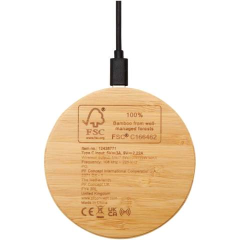 Le socle de recharge sans fil en bambou permet de recharger tous les appareils compatibles Qi à une vitesse de charge maximale de 15 W. Livré avec un câble TPE recyclé de 50 cm doté de connecteurs d'entrée Type-C et USB-A. Le bambou utilisé provient de sources responsables.