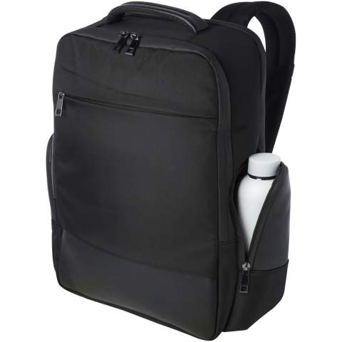 The sleek, large and sturdy GRS certified Expedition Pro laptop backpack is a perfect companion for professionals on-the-go. It is made from water repellent 900D RPET, coupled with premium PU elements and RPET lining. It features a dedicated 15.6" laptop compartment, a tablet sleeve, a spacious main compartment with integrated leak-proof pocket for toiletries, multiple organisational and side pockets, a zipped front pocket and a hidden pocket right beneath the luggage strap on the back. Constructed with padded and adjustable shoulder straps, an integrated card sleeve pocket, a sunglasses loop, moulded air mesh backing as well as a padded handle, ensuring maximum carrying comfort and convenience. Volume capacity: 25 litres. PVC free.