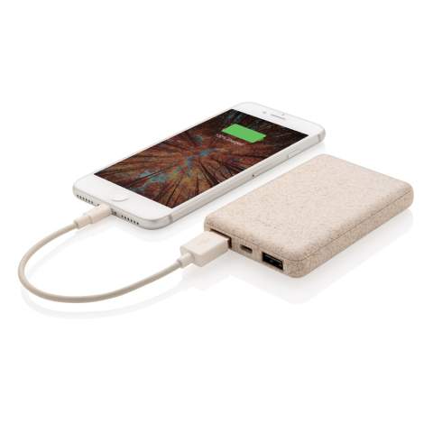 Ultracompacte 5.000 mAh powerbank gemaakt van een natuurlijke tarwevezel (35%) gemengd met ABS die perfect in je zak past, zodat je hem overal mee naartoe kunt nemen. Als deze volledig is opgeladen, krijgt u voldoende energie om uw mobiele telefoon maximaal drie keer op te laden. De powerbank bevat een hoogwaardige lithium-polymeerbatterij met hoge dichtheid van 5.000 mAh. Met dubbele USB-poort. De stroomindicators geven het resterende energieniveau aan, zodat u altijd weet wanneer u moet opladen. Ingang 5V / 2A. Uitgang USB 1: 5V / 2A Uitgang USB 2: 5V / 1A<br /><br />PowerbankCapacity: 5000