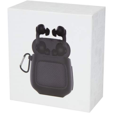 The Remix combines True Wireless earbuds with a Bluetooth® speaker. Once the earbuds are removed from the case they automatically power on and sync to each other. The carrying case also functions as a charging station for the earbuds, as well as a Bluetooth® speaker. The case can charge the earbuds from 0 to 100% four times on a single charge, and the earbuds can be used for at least 4 hours before re-charging is needed. The ergonomic design of the earbuds keeps them comfortably and securely in place when on the go. It takes approximately 2 hours to charge the earbuds and speaker from 0 to 100%. Both the earbuds and speaker have a built-in microphone and music controls for receiving or making phone calls. Bluetooth working range is 10 meters. Medium and Large eartips are included. Delivered in a premium gift box.