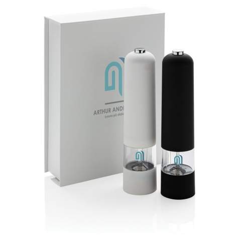 ABS with rubber spray finish, adjustable ceramic mill, with light function. Packed in magnetic gift box.