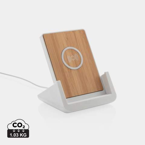 10W fast wireless charger made with RCS (Recycled Claim Standard) certified recycled ABS. Total recycled content: 47% based on total item weight. RCS certification ensures a completely certified supply chain of the recycled materials. Bamboo wireless charging area made from FSC 100 bamboo. With two USB ports on the back to charge via cable. The stand is designed to charge your phone both in the horizontal and vertical position. Making it perfect to watch videos or other content while charging. Wireless charging compatible with Android latest generations, iPhone 8 and up. Item and accessories PVC free. Including 120 cm type C charging cable made from RCS certified recycled TPE. Packed in FSC mix kraft box. Type-C Input 5V/2A; 9V/2A; Wireless output 5V/1A;9V/1.1A; (10W) Registered design®<br /><br />WirelessCharging: true<br />PVC free: true