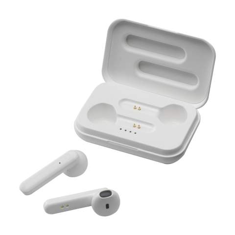 Set with true wireless earbuds in a rechargeable storage case. The 2 earbuds use Bluetooth (version 5.0) for a smooth connection and have a 35 mAh battery which allows for playing time up to 3 hours and can be recharged again in about 1 hour. Listen to music and answer calls hands-free without limitation of movement. With outstanding sound reproduction and adjustable volume. Input 5V/1A. Wireless output: 5V/1A. Range up to 10 meters. Includes micro-USB charging cable and user manual. Each item is individually boxed.