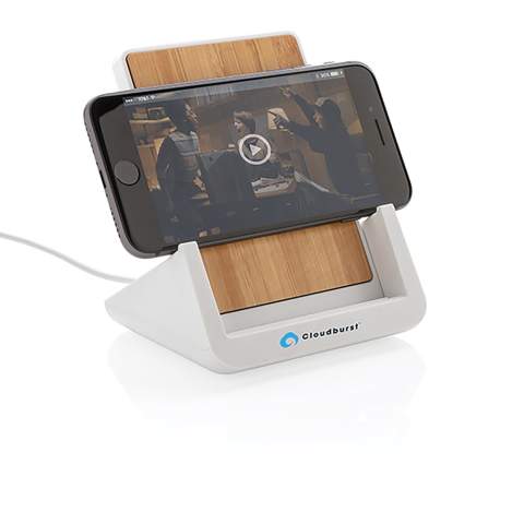 10W fast wireless charger made with RCS (Recycled Claim Standard) certified recycled ABS. Total recycled content: 47% based on total item weight. RCS certification ensures a completely certified supply chain of the recycled materials. Bamboo wireless charging area made from FSC 100 bamboo. With two USB ports on the back to charge via cable. The stand is designed to charge your phone both in the horizontal and vertical position. Making it perfect to watch videos or other content while charging. Wireless charging compatible with Android latest generations, iPhone 8 and up. Item and accessories PVC free. Including 120 cm type C charging cable made from RCS certified recycled TPE. Packed in FSC mix kraft box. Type-C Input 5V/2A; 9V/2A; Wireless output 5V/1A;9V/1.1A; (10W) Registered design®<br /><br />WirelessCharging: true<br />PVC free: true