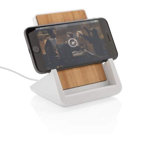 10W fast wireless charger made with RCS (Recycled Claim Standard) certified recycled ABS. Total recycled content: 47% based on total item weight. RCS certification ensures a completely certified supply chain of the recycled materials. Bamboo wireless charging area made from FSC 100 bamboo. With two USB ports on the back to charge via cable. The stand is designed to charge your phone both in the horizontal and vertical position. Making it perfect to watch videos or other content while charging. Wireless charging compatible with Android latest generations, iPhone 8 and up. Item and accessories PVC free. Including 120 cm type C charging cable made from RCS certified recycled TPE. Packed in FSC mix kraft box. Type-C Input 5V/2A; 9V/2A; Wireless output 5V/1A;9V/1.1A; (10W) Registered design®<br /><br />WirelessCharging: true<br />PVC free: true