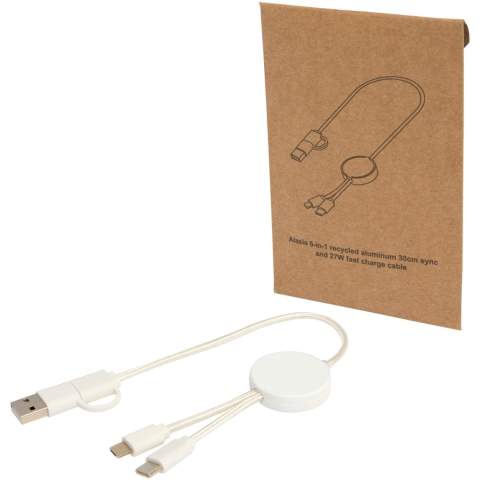 The Citala 5-in-1 data sync and 27W fast charge cable is made from recycled plastic. The cable features USB-A and a Type-C input connectors combined with a Type-C and a Lightning/Micro USB combi output connector. USB-A to USB-C provides a power output of max 27W, and all other connection options max 15W. Compatible with both CarPlay and Android Auto. Whether you’re at home, in the office, or on the move, the Citala cable delivers performance and style in one compact package. Cable length: 30 cm.