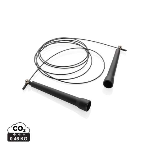 This adjustable  jump rope  is perfect for integrating high-intensity cardio training into any workout.Increases the heart rate, burns calories and enhances coordination. The length can be easily adjusted to accommodate different users. Made of super-lightweight plastic (PP) for optimal speed and comfortable handles. The jump rope comes in a black pouch for easy carrying.