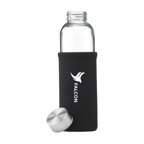 Slim, leak proof water bottle made from soda-lime glass with stainless steel screw cap. With neoprene sleeve to carry the bottle comfortably. The glass bottle is dishwasher safe with the exception of the screw cap. Capacity 500 ml. Each item is supplied in an individual brown cardboard box.