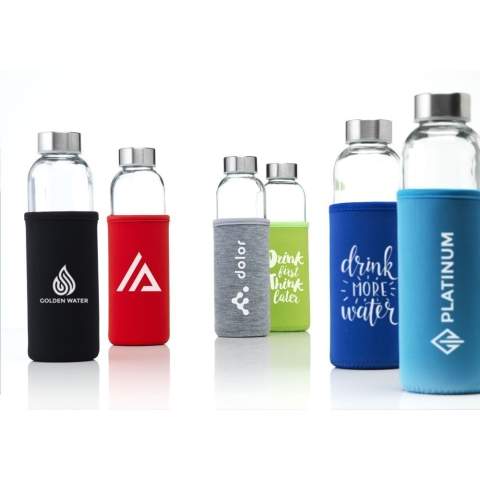 Slim, leak proof water bottle made from soda-lime glass with stainless steel screw cap. With neoprene sleeve to carry the bottle comfortably. The glass bottle is dishwasher safe with the exception of the screw cap. Capacity 500 ml. Each item is supplied in an individual brown cardboard box.