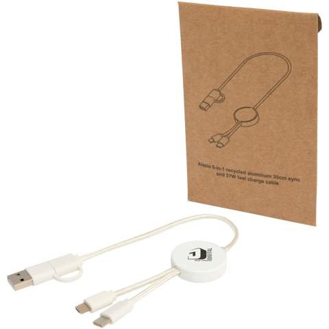 The Citala 5-in-1 data sync and 27W fast charge cable is made from recycled plastic. The cable features USB-A and a Type-C input connectors combined with a Type-C and a Lightning/Micro USB combi output connector. USB-A to USB-C provides a power output of max 27W, and all other connection options max 15W. Compatible with both CarPlay and Android Auto. Whether you’re at home, in the office, or on the move, the Citala cable delivers performance and style in one compact package. Cable length: 30 cm.