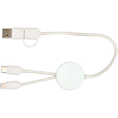 The Citala 5-in-1 data sync and 27W fast charge cable is made from recycled plastic. The cable features USB-A and a Type-C input connectors combined with a Type-C and a Lightning/Micro USB combi output connector. USB-A to USB-C provides a power output of max 27W, and all other connection options max 15W. Compatible with both CarPlay and Android Auto. Whether you’re at home, in the office, or on the move, the Citala cable delivers performance and style in one compact package. Cable length: 30 cm.