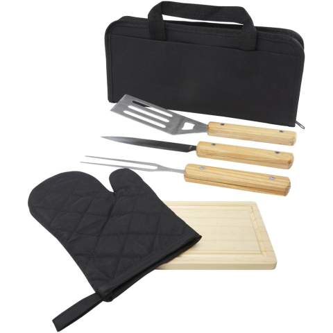 5-teiliges BBQ-Set mit Wender (29 x 7 cm), Gabel (29 x 1,7 cm), Messer (29 x 2,4 cm), Schneidebrett (19 x 13 x 1,1 cm) und einem Handschuh (25 x 16 cm).