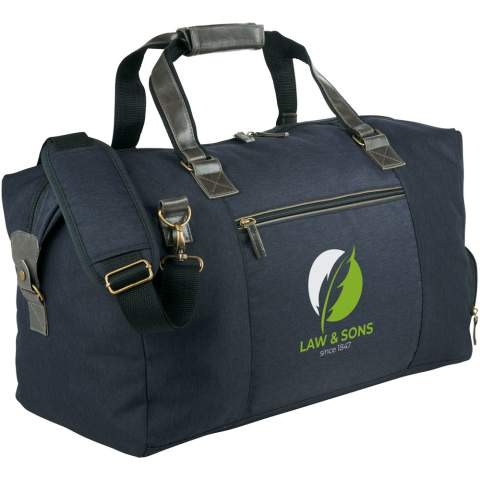 Exhibit your powerhouse style with the Capitol Collection, a blend of classic and contemporary design. Standard features include large main zipped compartment, dedicated zipped shoe pocket, and front zipped pocket for additional storage. Detachable, adjustable padded strap and carrying handles for ease of travel. Imitation leather accents and antique hardware.