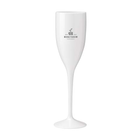 Reusable, luxury champagne glass made from polycarbonate. Virtually unbreakable. The plastic glass has a chic, festive look and is a popular eye-catcher at events, weddings and garden parties. The glass is dishwasher safe. Washing by hand is recommended to preserve the imprint. Capacity 150 ml. Made in Europe.