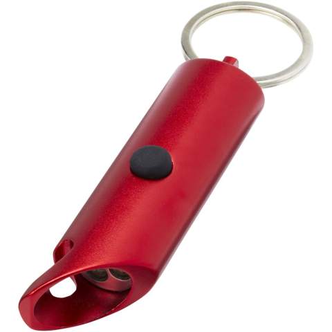 Bright LED keylight with bottle opener, power on/off button and a split iron keyring. It is made of lightweight and strong 63% RCS certified recycled aluminium. The Recycled Claim Standard (RCS) verifies the recycled content of a product throughout the entire supply chain. Available in a variety of striking colours with a metallic finish, making a printed logo stand out nicely. Comes with three LR44 batteries.