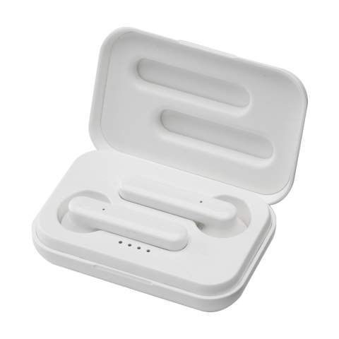 Set with true wireless earbuds in a rechargeable storage case. The 2 earbuds use Bluetooth (version 5.0) for a smooth connection and have a 35 mAh battery which allows for playing time up to 3 hours and can be recharged again in about 1 hour. Listen to music and answer calls hands-free without limitation of movement. With outstanding sound reproduction and adjustable volume. Input 5V/1A. Wireless output: 5V/1A. Range up to 10 meters. Includes micro-USB charging cable and user manual. Each item is individually boxed.