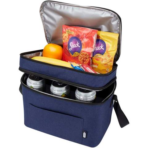 The Tundra cooler bag features a zipped top compartment as well as a spacious main compartment, and adjustable shoulder straps. Made from PEVA lining and GRS certified recycled polyester. Volume capacity: 13 litres.