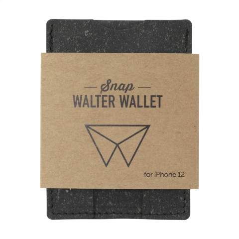 The Snap Wallet by Walter Wallet is made from recycled leather: Cutting waste from shoe- and bag manufacturers in Italy is collected, ground, and bound with water and natural binders to create a rubbery new material. The visible leather particles combined with the binder give this material a lot of visual depth and a soft touch. Instead of burning the leather waste, it gets a new life as a Snap Wallet.  The iPhone 12 and 13 have built-in magnets that allow accessories to stick to your phone, this means you can attach our Snap Wallet to your iPhone. The backside of the wallet has a magnetic ring built-in that can connect to your iPhone 12/13. This way your phone and wallet become one convenient package to take with you.