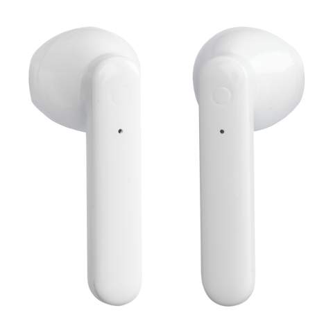 Set with true wireless earbuds in a rechargeable storage case. The 2 earbuds use Bluetooth (version 5.0) for a smooth connection and have a 35 mAh battery which allows for playing time up to 3 hours and can be recharged again in about 1 hour. Listen to music and answer calls hands-free without limitation of movement. With outstanding sound reproduction and adjustable volume. Input 5V/1A. Wireless output: 5V/1A. Range up to 10 meters. Includes micro-USB charging cable and user manual. Each item is individually boxed.